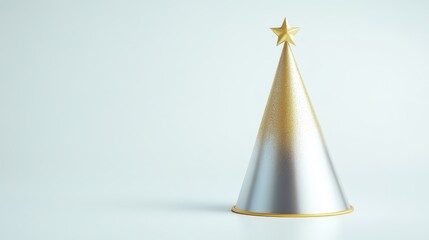 A silver cone shaped hat with a gold star on top