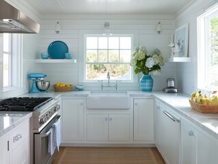 Bright White Kitchen With Blue Accents And Hydrangeas