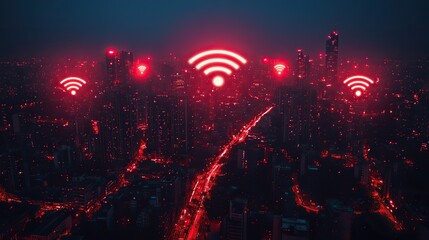 A wireless connectivity sign hovers over a cityscape at night, symbolizing digital transformation and futuristic technology with fast signal and global network.