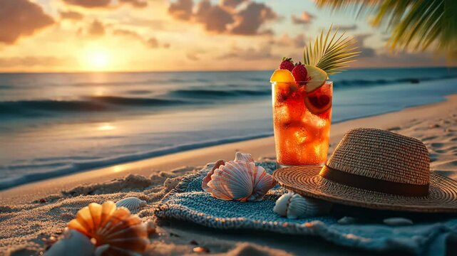 A refreshing drink on a beach at sunset, surrounded by shells and a straw hat.