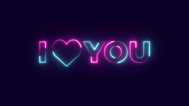 I love you Neon Text advertisement promo animation video with dark background . High-quality 4K footage
