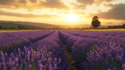 Naklejka premium A field of lavender in the countryside at sunrise, medium shot, Landscape style