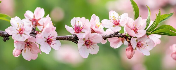 Peach tree abstract background idea. Delicate pink flowers bloom on branches, enhancing spring's beauty and nature's charm.