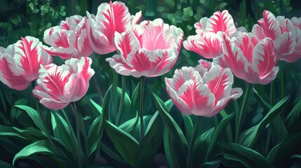 Fototapeta premium Blooming pink and white parrot tulips amidst lush green foliage in a vibrant garden setting showcasing spring flowers.