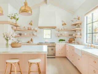 Light Pink Kitchen with Wooden Shelves and Gold Accents