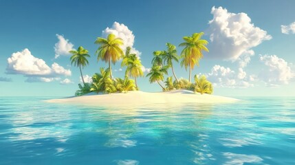 Obraz premium Tropical paradise island with palm trees and clear turquoise waters under a bright blue sky and fluffy white clouds
