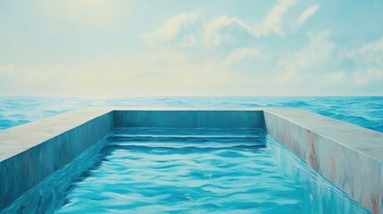 Fototapeta premium Serene swimming pool overlooking tranquil sea at sunrise with clear blue waters and calm skies
