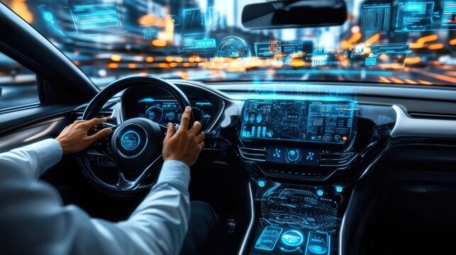 A man is driving a car, from the perspective of the driver's cabin, with the concept of intelligent driving