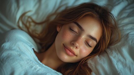 Obraz premium A woman finds peace and relief from insomnia by sleeping with a continental cushion.