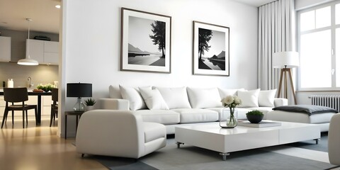 A modern living room with a white sectional sofa, vintage landscape art on the walls, and a minimalist coffee table.