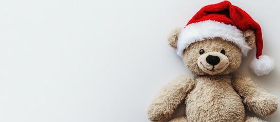 Cute plush teddy bear in a red Santa hat on a clean white background perfect for holiday and festive themes.