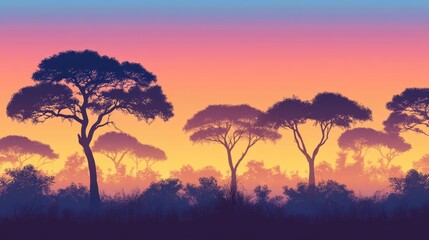 Fototapeta premium Silhouette of Trees Against a Colorful Gradient Sky at Sunset in Nature Landscape Scene