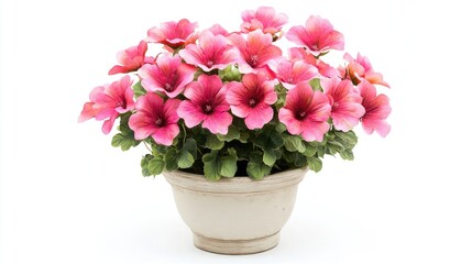 Vibrant artificial pink flowers in a decorative pot against a clean white background for home decor and interior design inspiration.