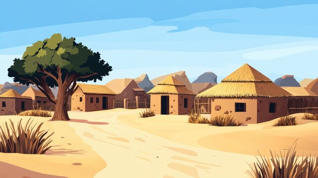 Village landscape featuring rondavel huts and a solitary tree set against a desert backdrop showcasing traditional human settlements.