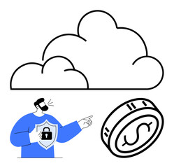 Person with protective shield pointing at a coin under a cloud, highlighting data security. Ideal for cloud technology, cybersecurity, data protection, financial security, technology, online safety