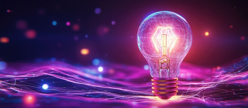 Creative innovation process illuminated by a glowing light bulb representing ideas and advancement in technology and imaginative thinking