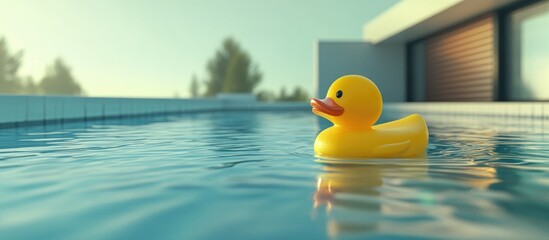 Yellow rubber duck floating in serene swimming pool with modern architecture in the background on a sunny day