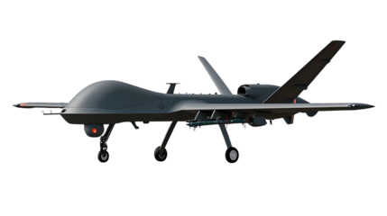 Unmanned Aerial Vehicle: A sleek, grey drone stands ready for action, its powerful engine and sophisticated design hinting at its advanced capabilities.
