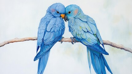 Obraz premium Two blue parrots cuddling on a branch.