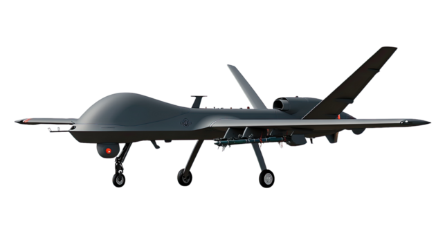 Unmanned Aerial Vehicle: A sleek, grey drone stands ready for action, its powerful engine and sophisticated design hinting at its advanced capabilities.