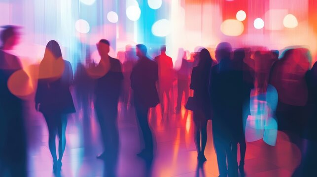 Blurred silhouettes of people socializing in a vibrant outdoor bar setting with colorful lights creating a lively atmosphere.