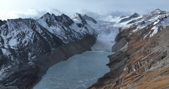 Beautiful high altitude glacier and snow capped mountain with lake in Tibet, China