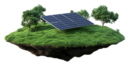 Sustainable Energy Island: Solar Panel on a lush green island, symbolizing clean energy and environmental sustainability. A 3D rendering of a solar panel on a floating island.