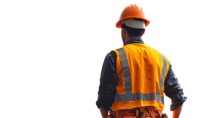 Fototapeta premium Construction Worker with a Vision: A lone worker, dressed in safety gear, gazes out at the horizon, contemplating the future of the project. His posture is confident, his gaze determined.
