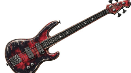 Red Electric Bass Guitar: A close-up of a sleek, red electric bass guitar with a distressed finish and a black pickguard, capturing the instrument's raw power and rock and roll spirit.  