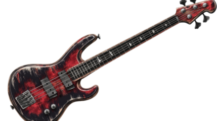 Red Electric Bass Guitar: A close-up of a sleek, red electric bass guitar with a distressed finish and a black pickguard, capturing the instrument's raw power and rock and roll spirit.  