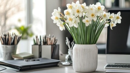 Elegant White Daffodils in a Modern Office Setting