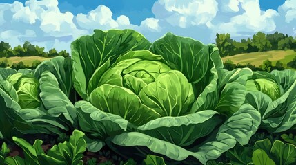 Obraz premium Lush green cabbage thriving in a vibrant garden under a sunny blue sky with fluffy clouds and surrounding greenery.