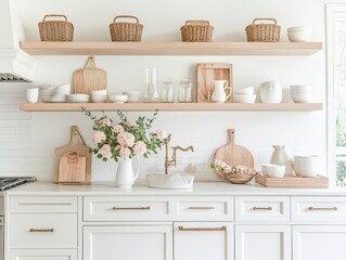 Stylish White Kitchen Shelving Decorated With Baskets And Flowers