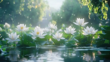 Serene white lotus flowers blooming in a tranquil garden pond surrounded by lush greenery and soft morning light.