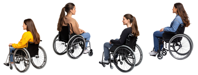 Set of diverse women in wheelchairs, isolated on transparent background