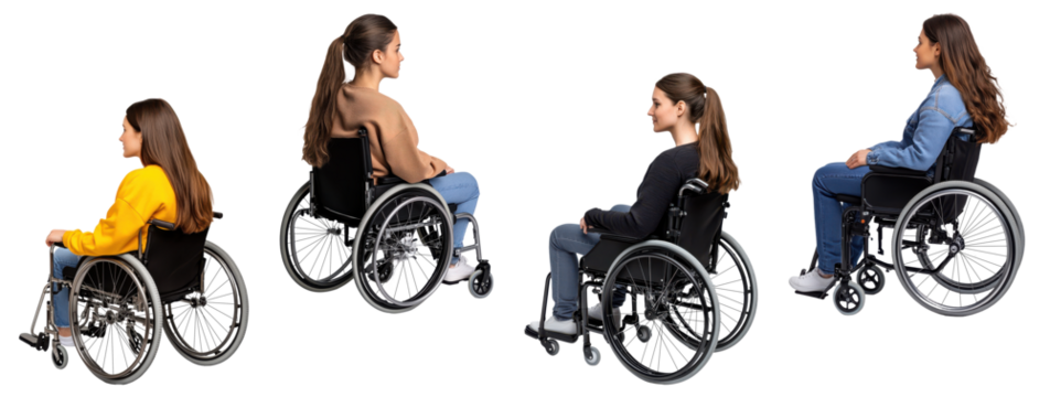 Set of diverse women in wheelchairs, isolated on transparent background
