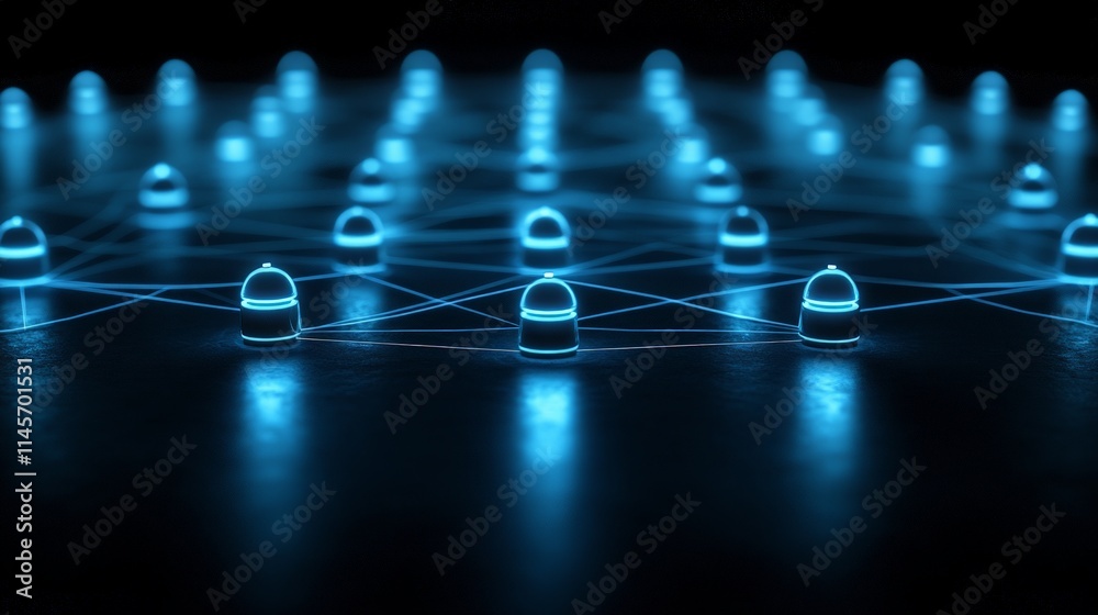 Wall mural glowing white tech icons connected in digital network display