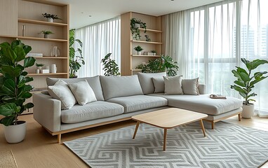Fototapeta premium Modern living room with light gray sectional sofa, wooden coffee table, plants, and large windows.