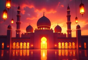 Naklejka premium Mosque Silhouette at Sunset with Hanging Lanterns