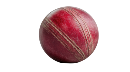 Vintage Red Cricket Ball: A well-worn, classic red cricket ball, showing signs of wear and tear, sits center frame against a clean background.  The texture and color are rich and detailed.
