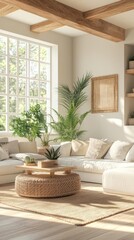 A bright, modern living room with natural elements and cozy furnishings.