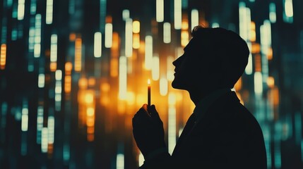 Businessman putting down money, pointing with pen and showing candlestick symbol for investing, finance, saving money, interest rate or dividend investment, business growth concept.