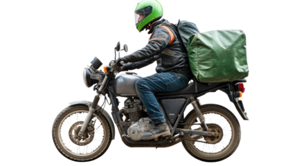 Motorcycle Delivery: A delivery driver on a motorcycle with a large green bag, riding on a dirt road. The driver is wearing a green helmet and a black jacket. 