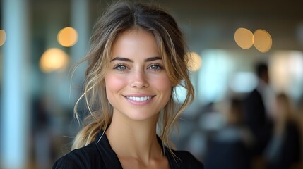 A woman smiles confidently in a workplace, representing a proud journalist, creative writer, news editor, or reporter for content creation.