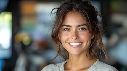 A woman smiles confidently in a workplace, representing a proud journalist, creative writer, news editor, or reporter for content creation.