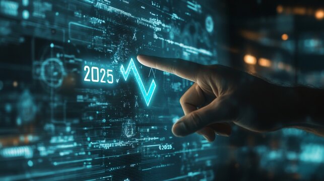 A businessman touches a digital progress bar indicating the transition from 2024 to 2025, symbolizing strategic planning, future readiness and challenge strategy for business startup