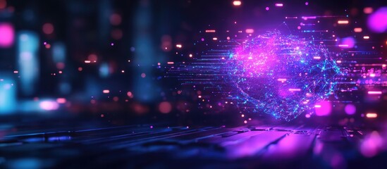 Obraz premium Desktop computer in modern office with technology hologram double exposure showcasing innovation and digital transformation themes