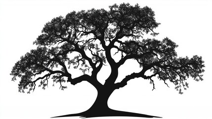 Elegant black and white silhouette of a majestic tree showcasing intricate branches and a strong trunk against a plain background.