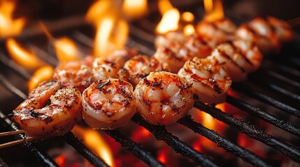 Grilled shrimp skewers over an open flame.