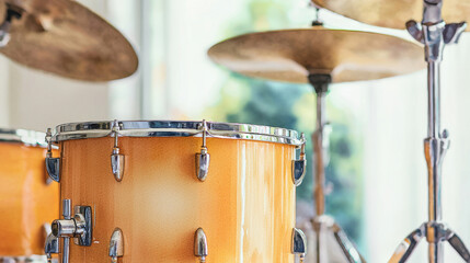 Obraz premium Close up of drum set with vibrant orange finish